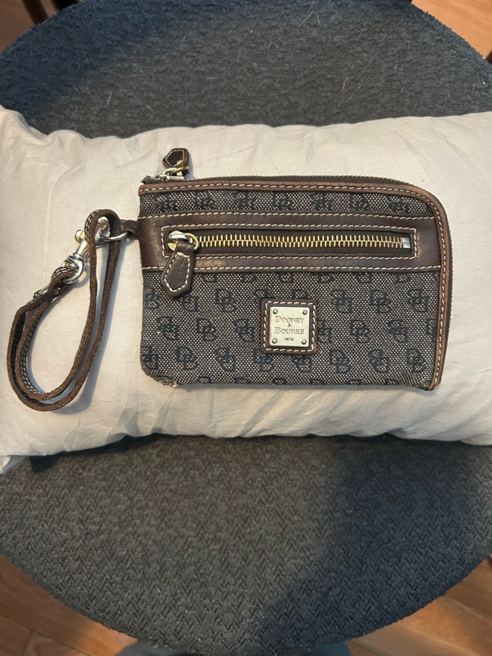 Dooney & Bourke Brown Signature Logo Wristlet with Gold Hardware
